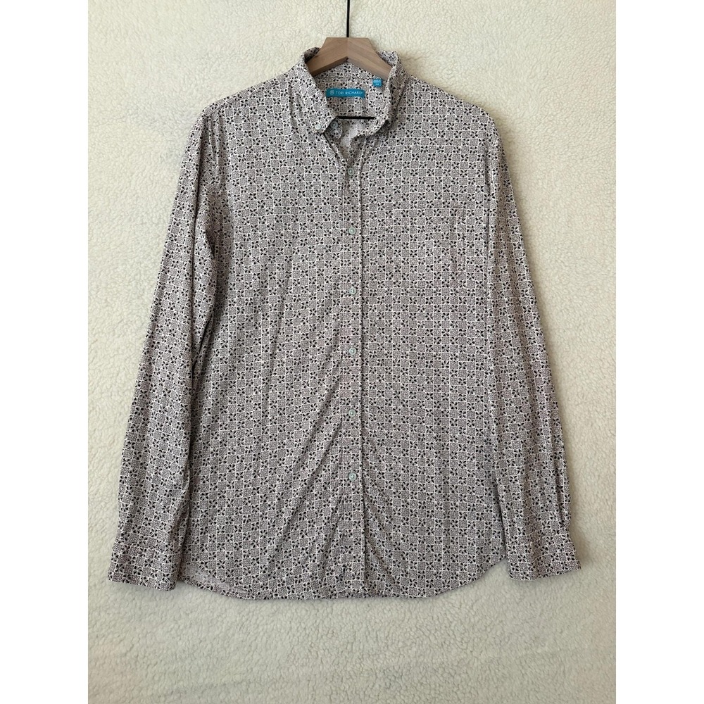 Tori Richard Shirt Mens Medium Beige Geometric Long Sleeve Button Up Stretch